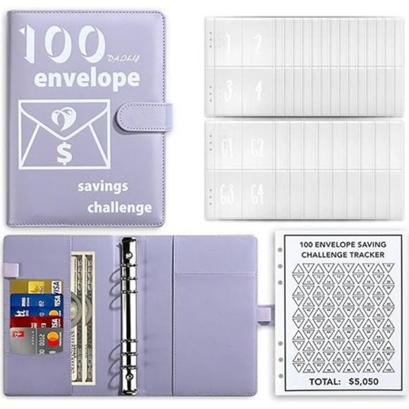 100 Envelopes Money Saving Challenge Book, PU Leather Saving Binder - Picture 8 of 8